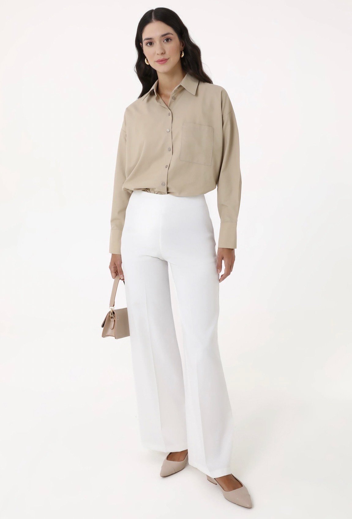 بنطلون كلاسيكي بقصة بالازو مع سحاب جانبي باللون أبيض